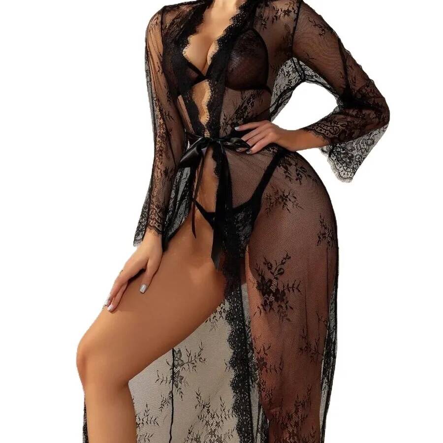 Kimono Sheer Floral - Czarna Koronkowa Przezroczysta Długa Szata Damska,
