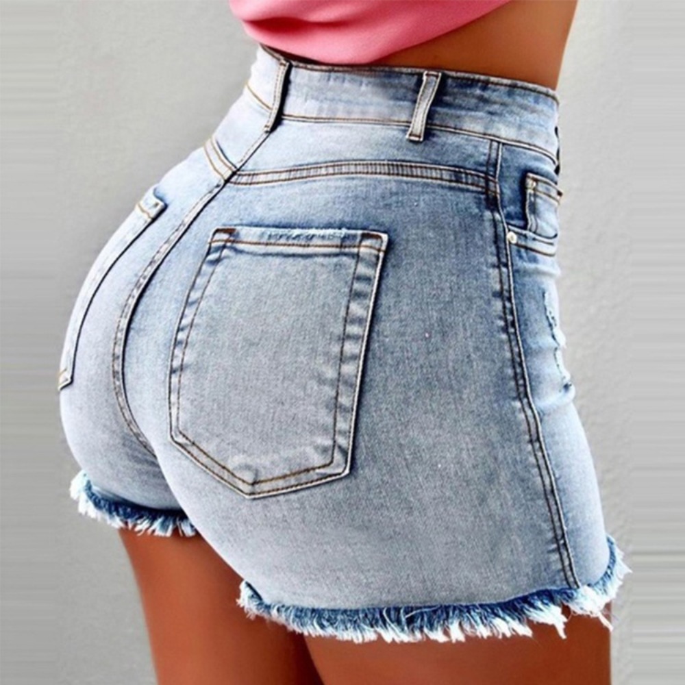 Shorts Denim Frayed - Damskie szorty jeansowe z wysokim stanem,