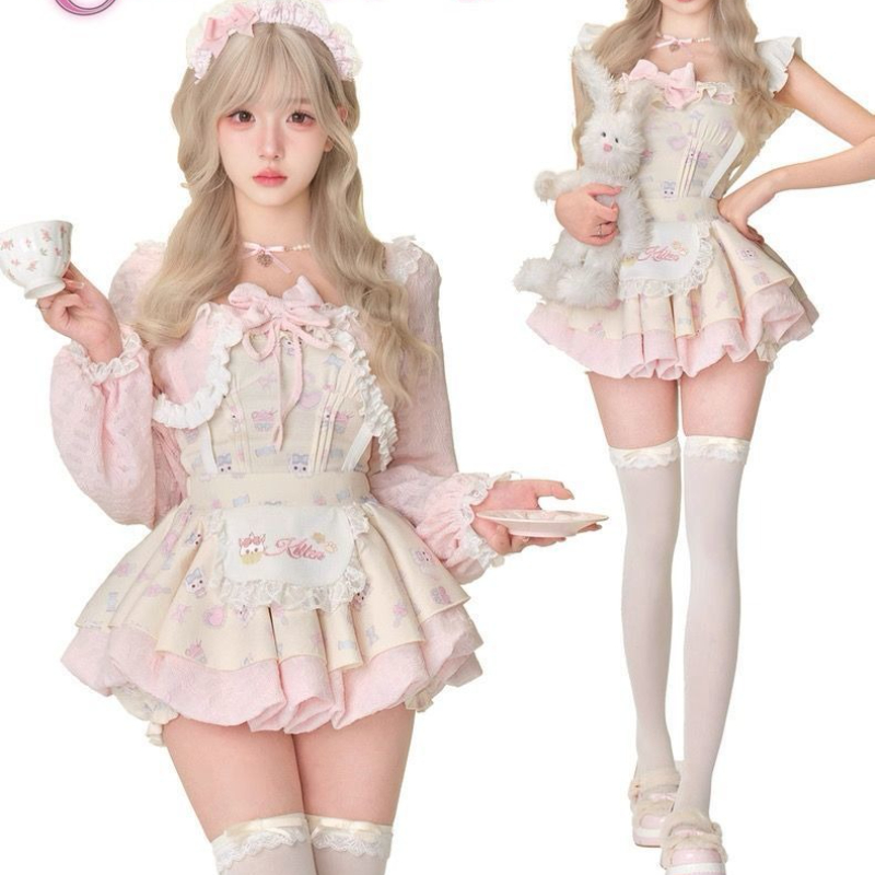 Crop Top Crochet - Japoński styl Sweet Lolita, 3-częściowy zestaw