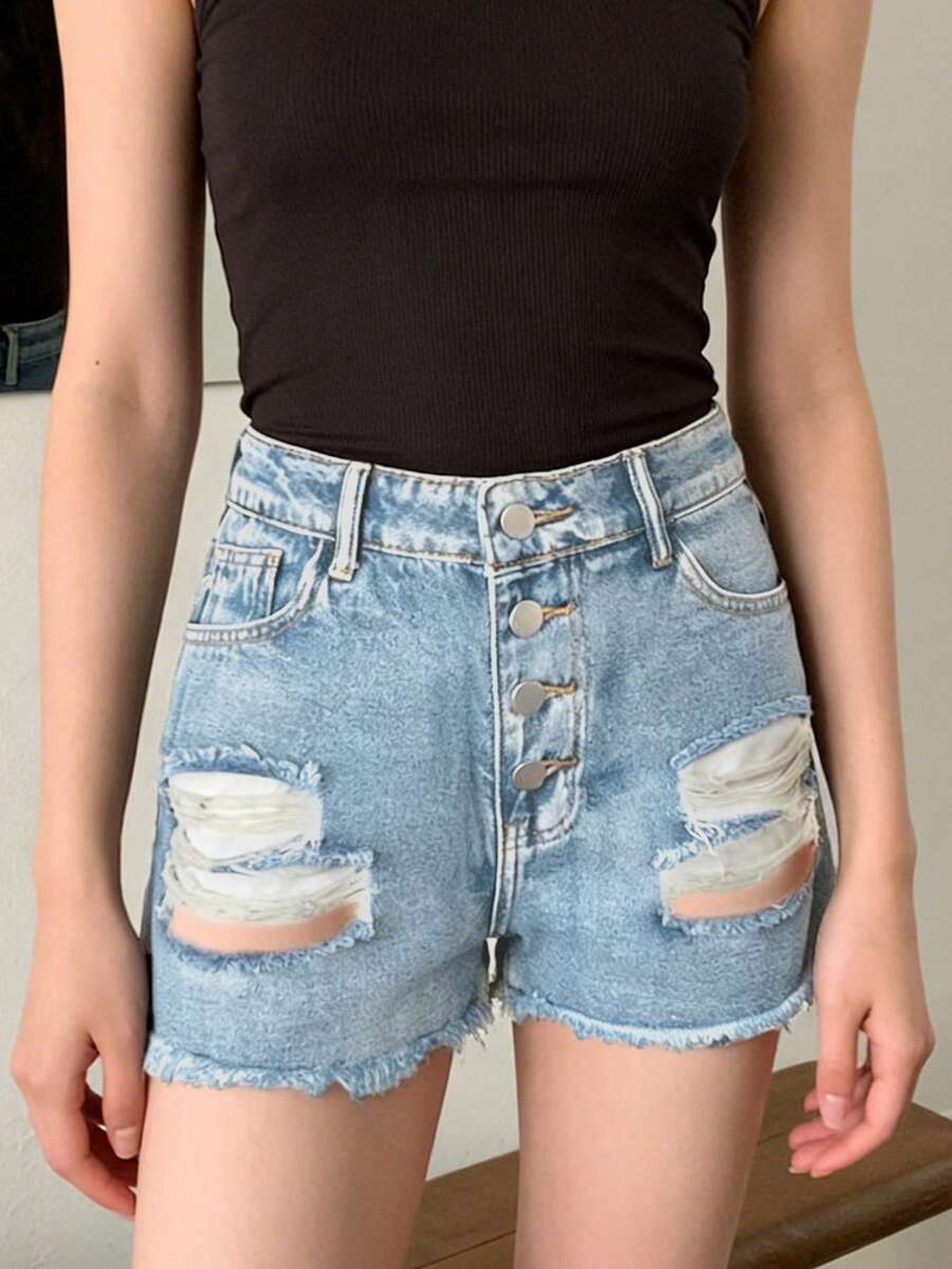 Shorts Denim Frayed - Damskie dżinsowe szorty o średnim stanie,