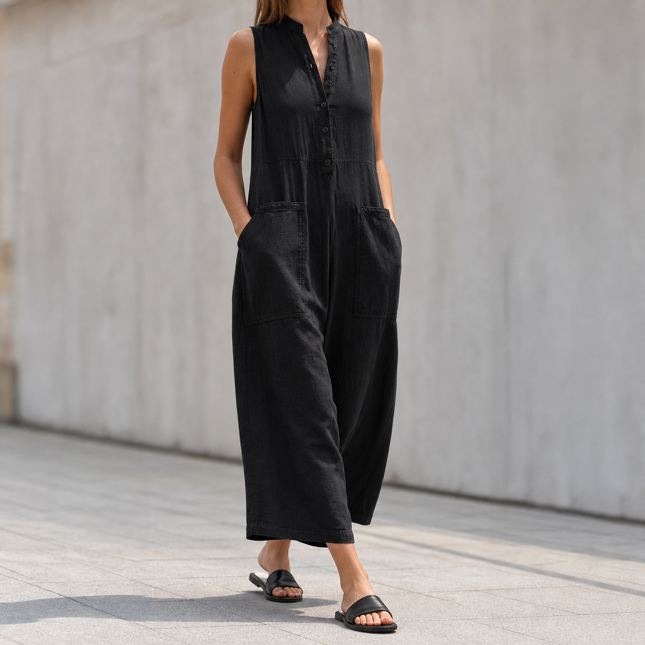 Jumpsuit Linen Relaxed - Damski kombinezon bez rękawów z kołnierzykiem