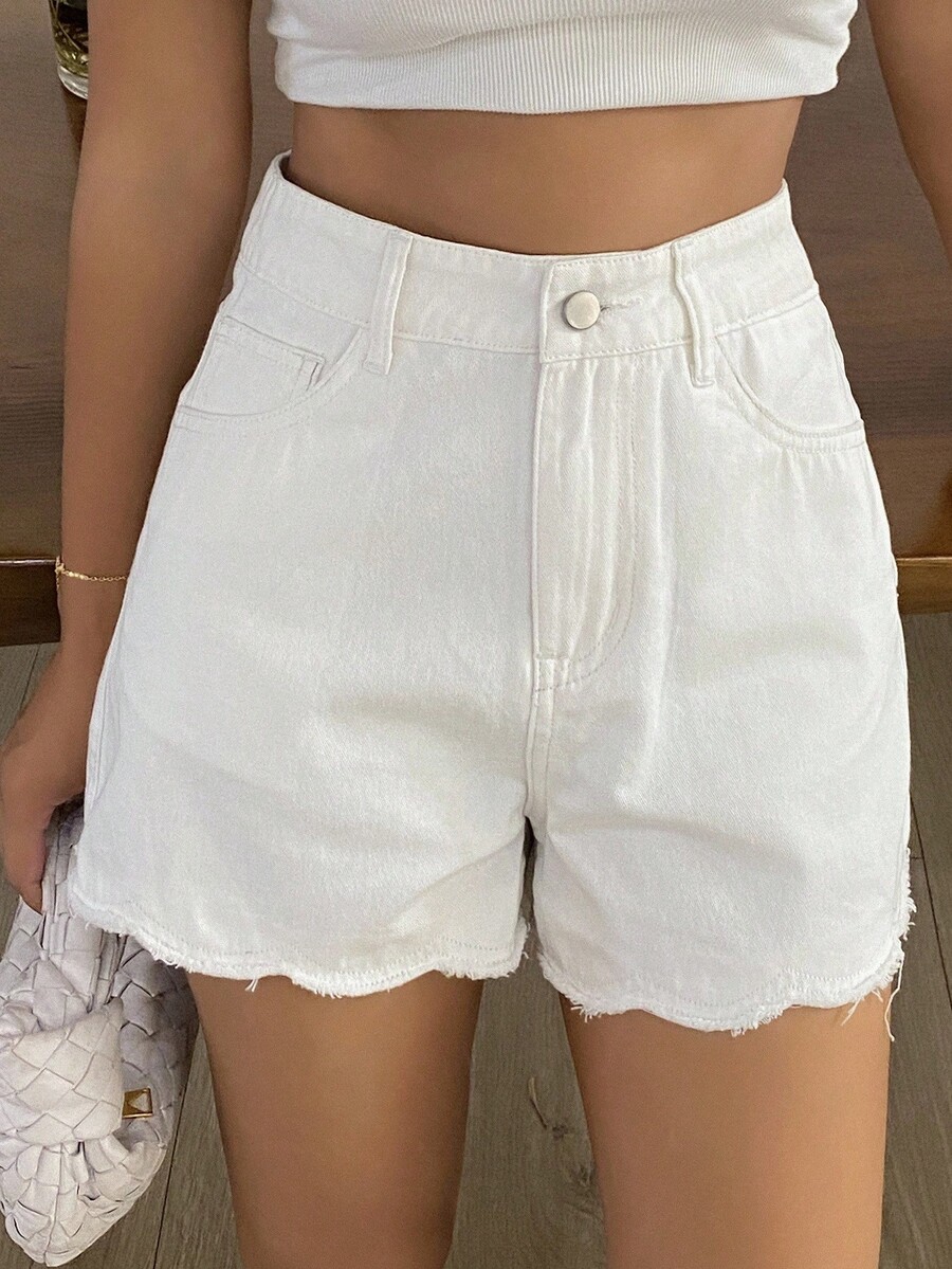 Shorts Denim Frayed - Damskie luźne dżinsowe szorty na lato