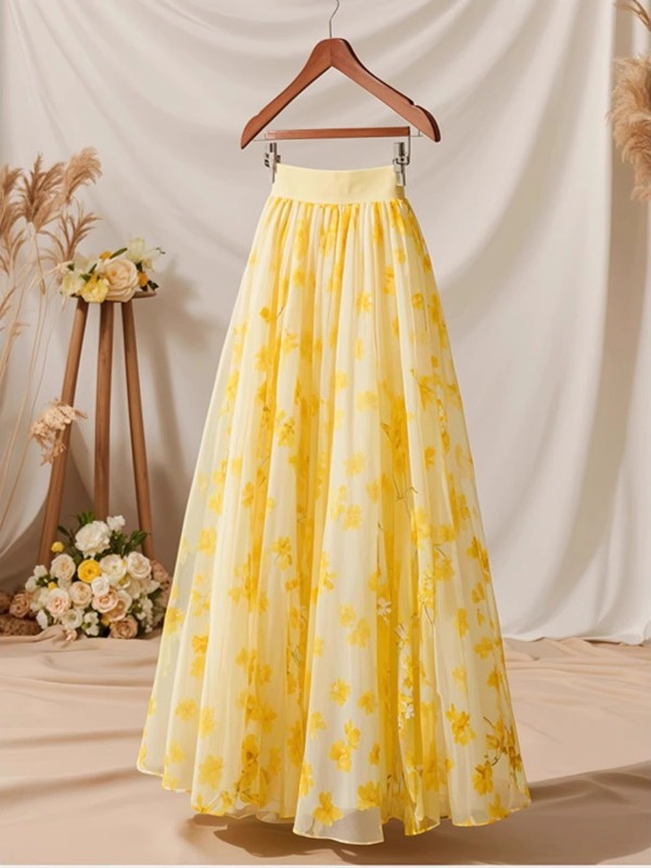 Midi Skirt Floral - Letnia spódnica damska z wysokim stanem,