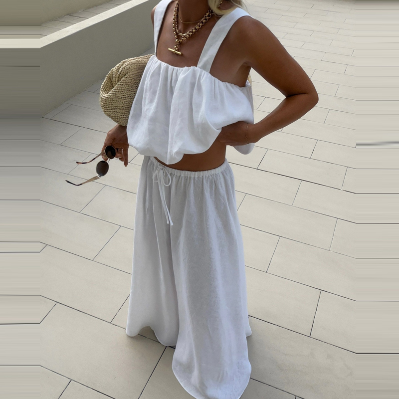 Linen Pant Wide - Elegancki damski zestaw 2-częściowy bez rękawów,