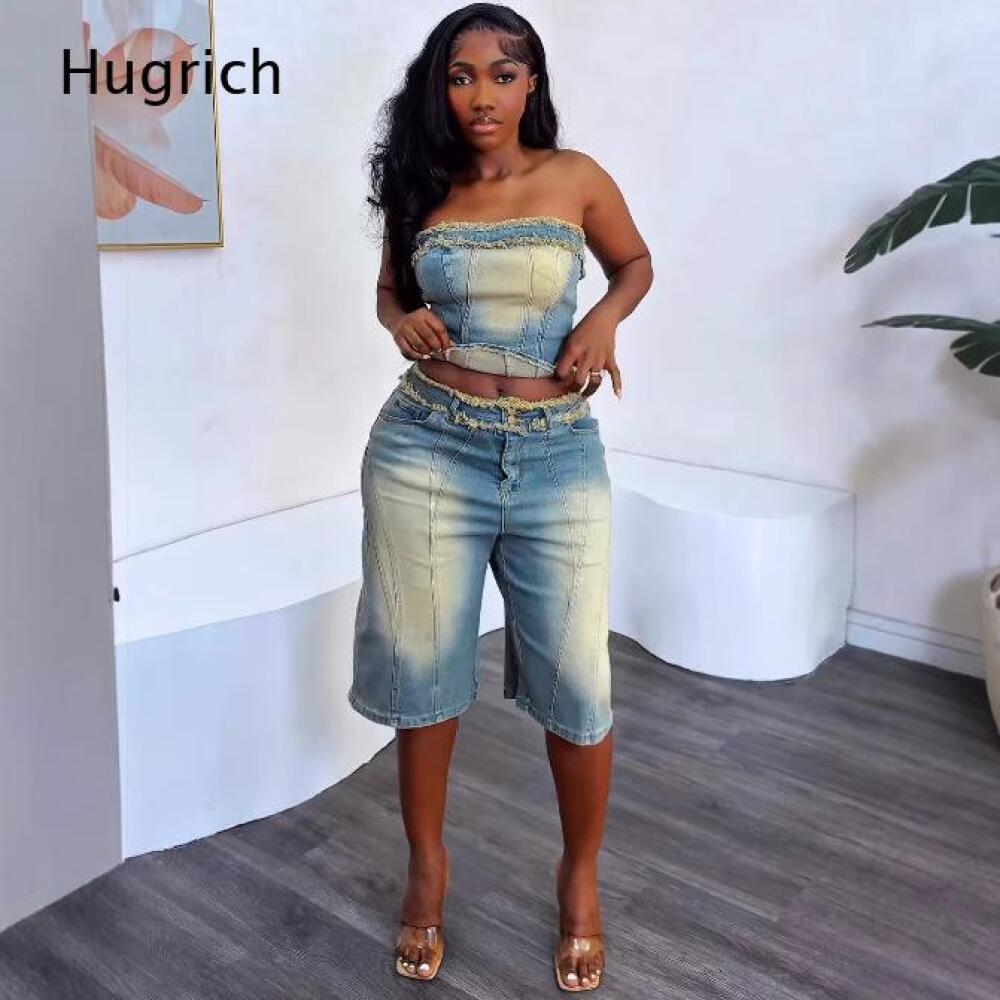 Shorts Denim Frayed - Damski zestaw: sprany crop top bez