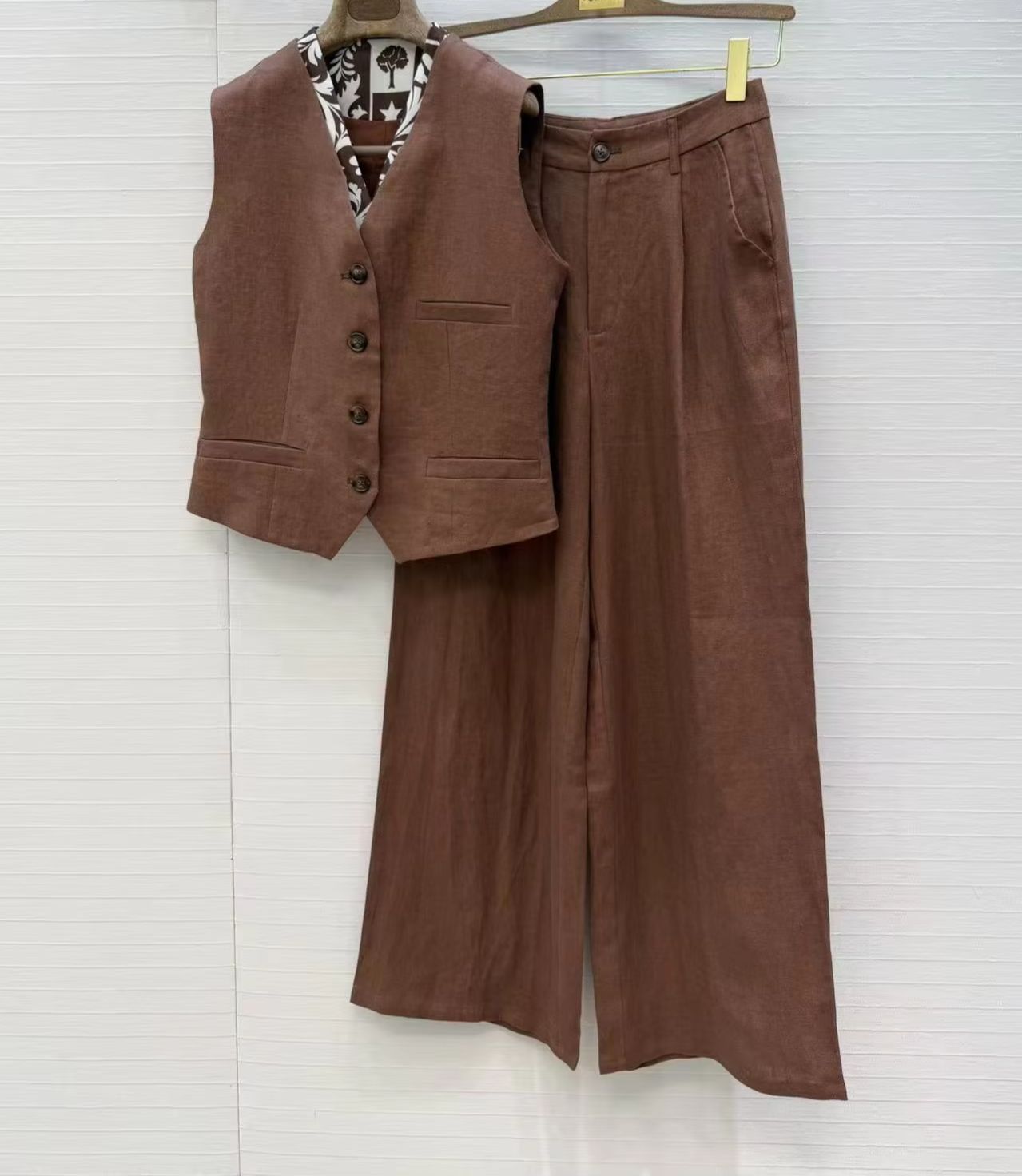 Linen Pant Wide - Elegancki komplet: lniany sweter z nadrukiem