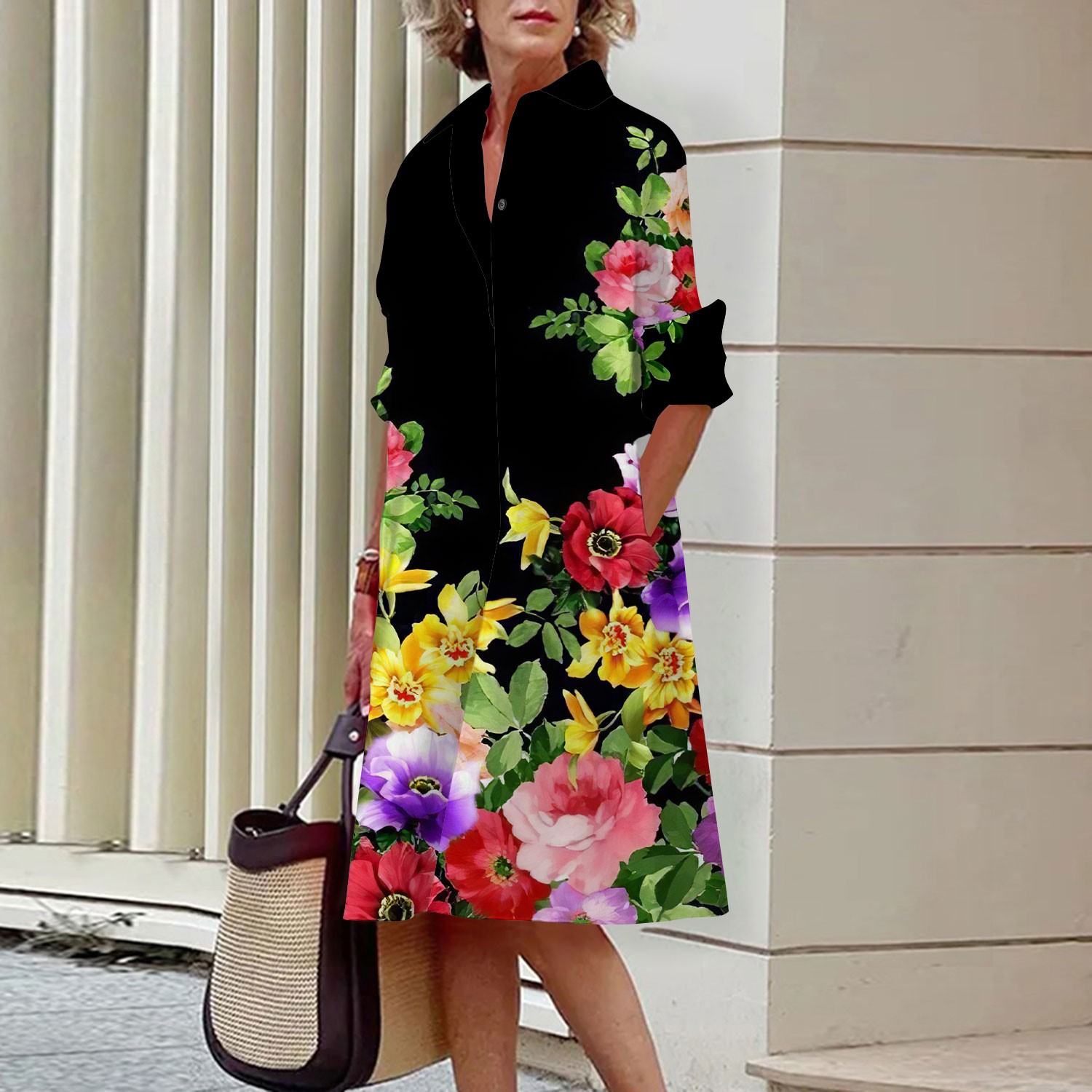 Midi Skirt Floral - Koszula z kwiatowym wzorem Sukienka Elegancka