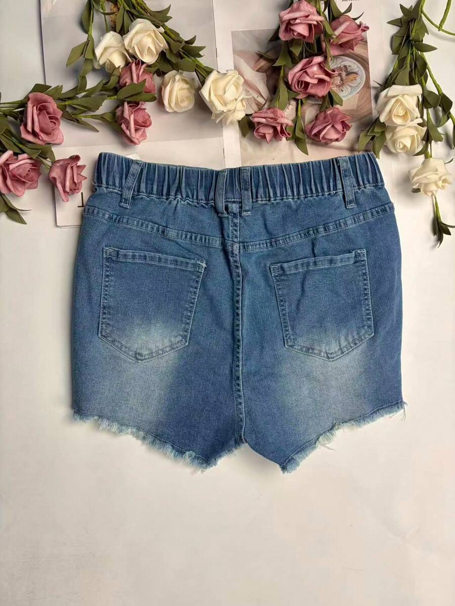 Shorts Denim Frayed - Damskie elastyczne szorty jeansowe z postrzępionym