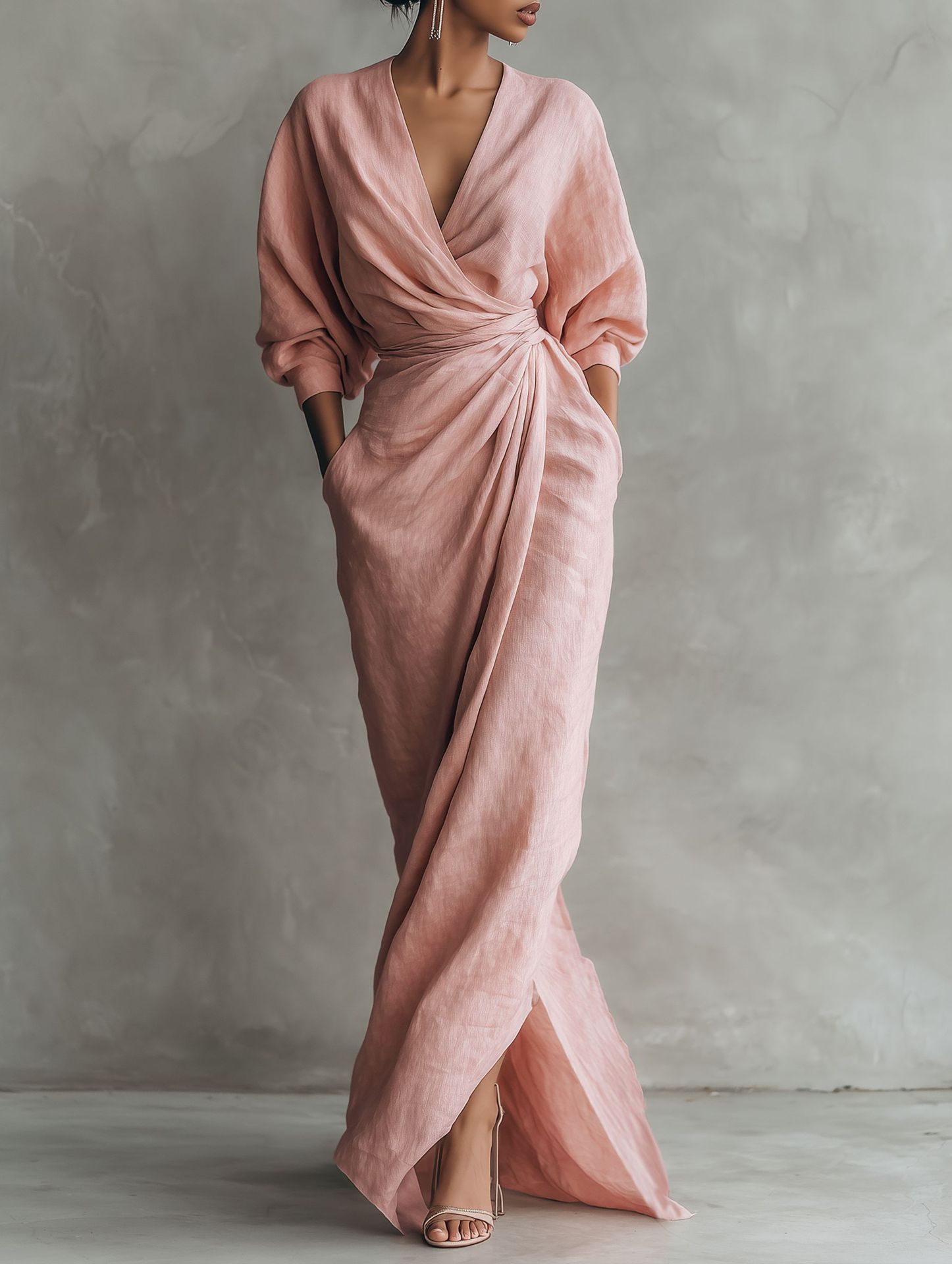 Linen Dress Wrap - Damska lniana sukienka maxi z mieszanki