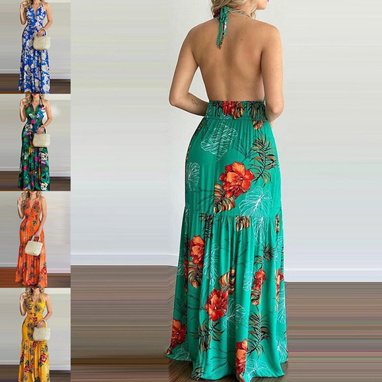 Maxi Dress Halter - Sukienka maxi w kwiaty, długa, bez