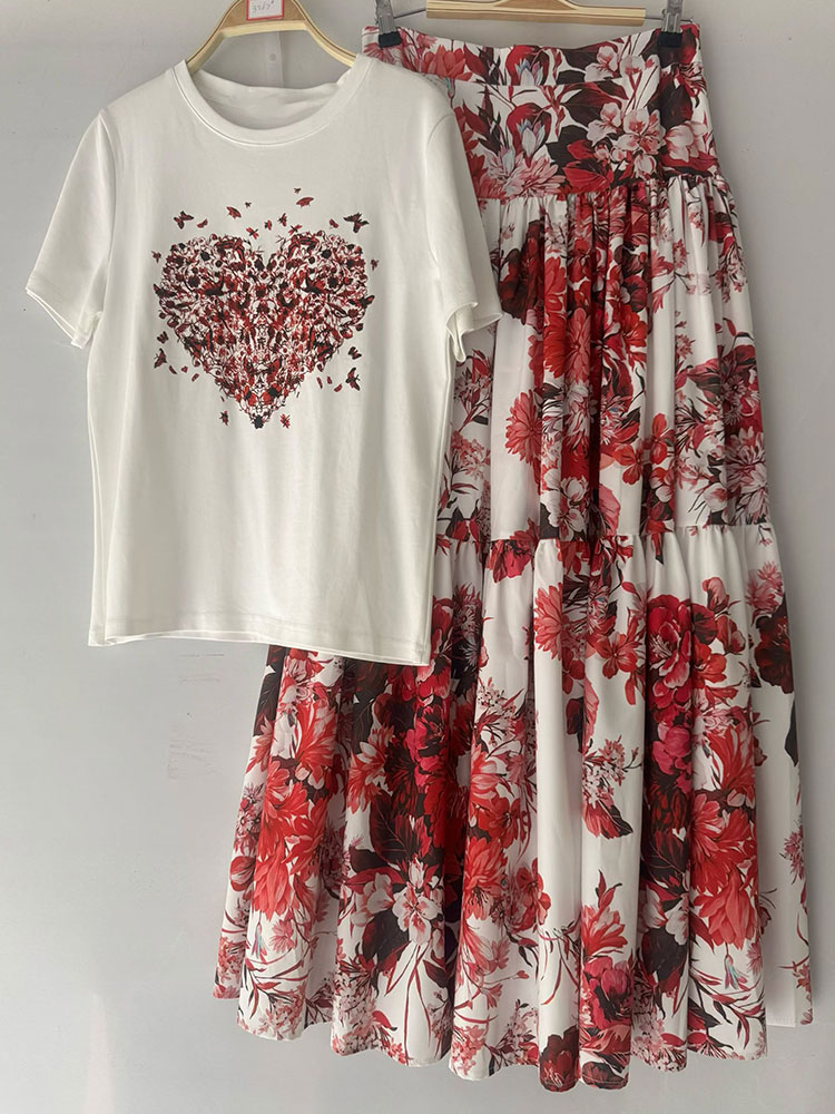 Midi Skirt Floral - Damski letni komplet w kwiaty na