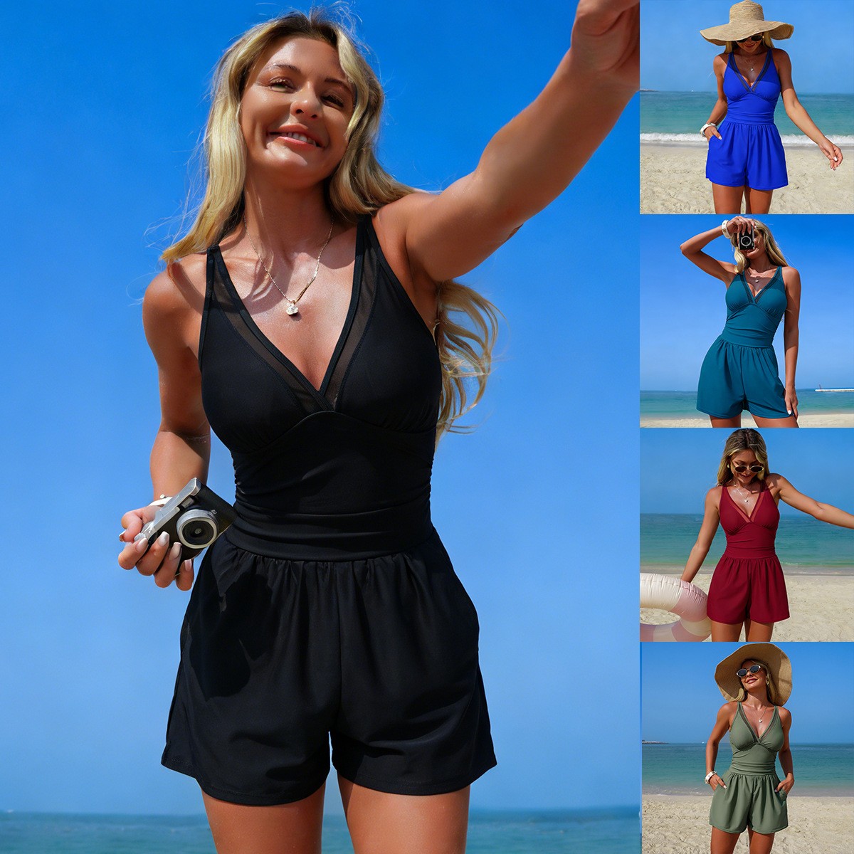 Swimsuit Bikini Ruched - Czarny, jednolity kolor, bezrękawnik, strój kąpielowy