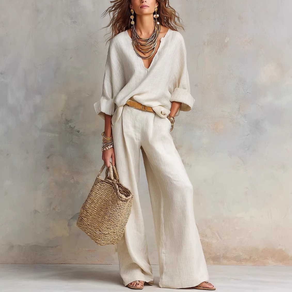 Linen Pant Wide - Damski zestaw w stylu vintage: prosta,