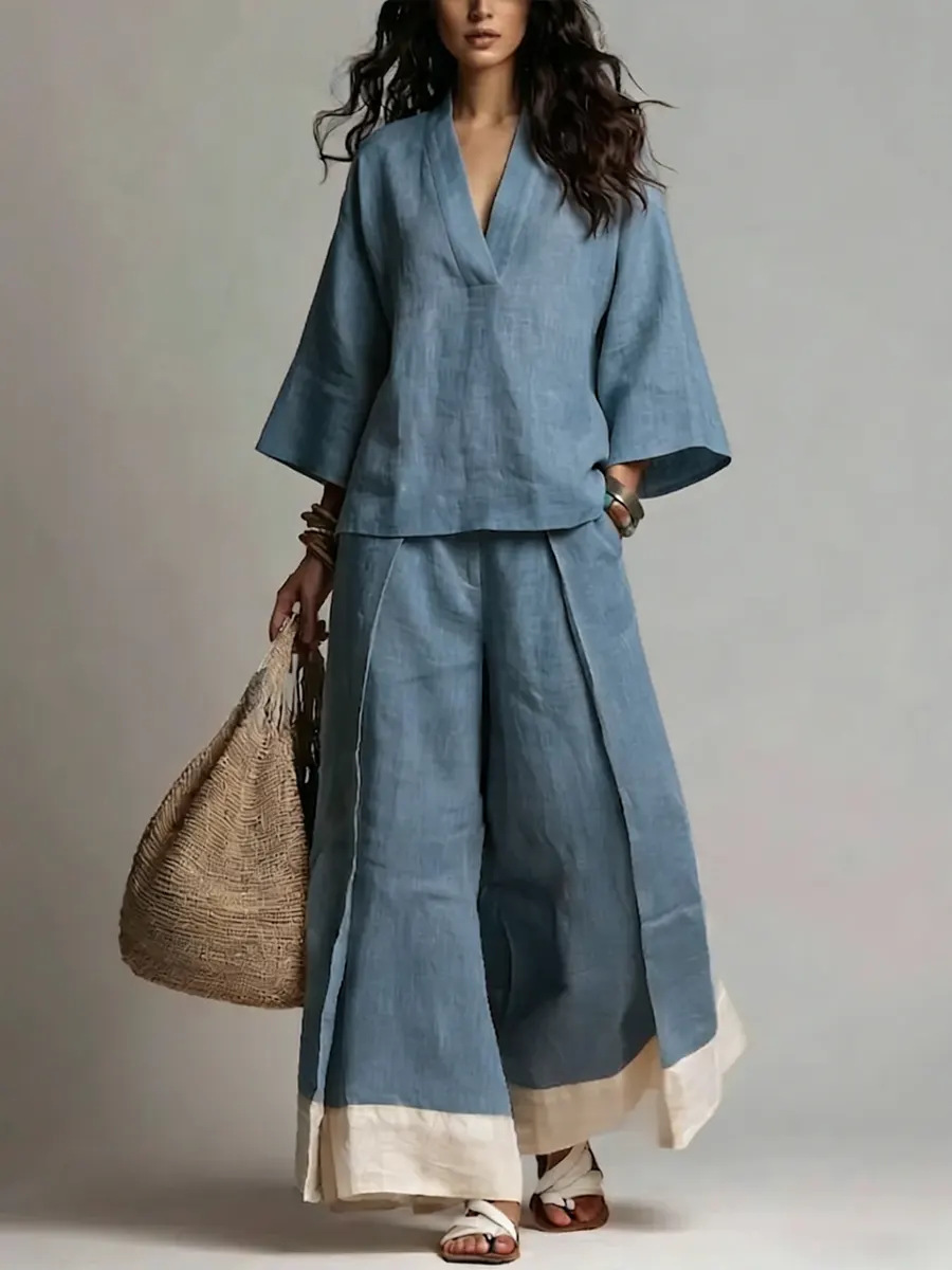Linen Pant Wide - Letni damski komplet z bawełny i