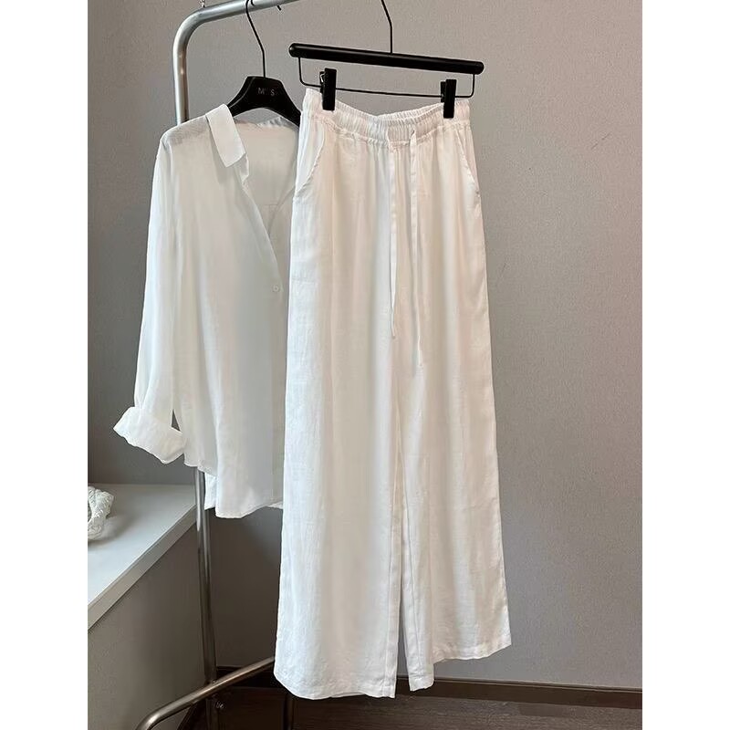 Linen Pant Wide - Koreański biały lniany komplet damski: spodnie