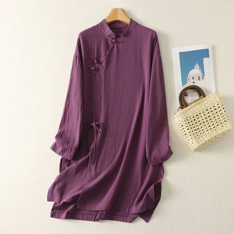 Linen Dress Wrap - Damska lniana tunika w stylu chińskim