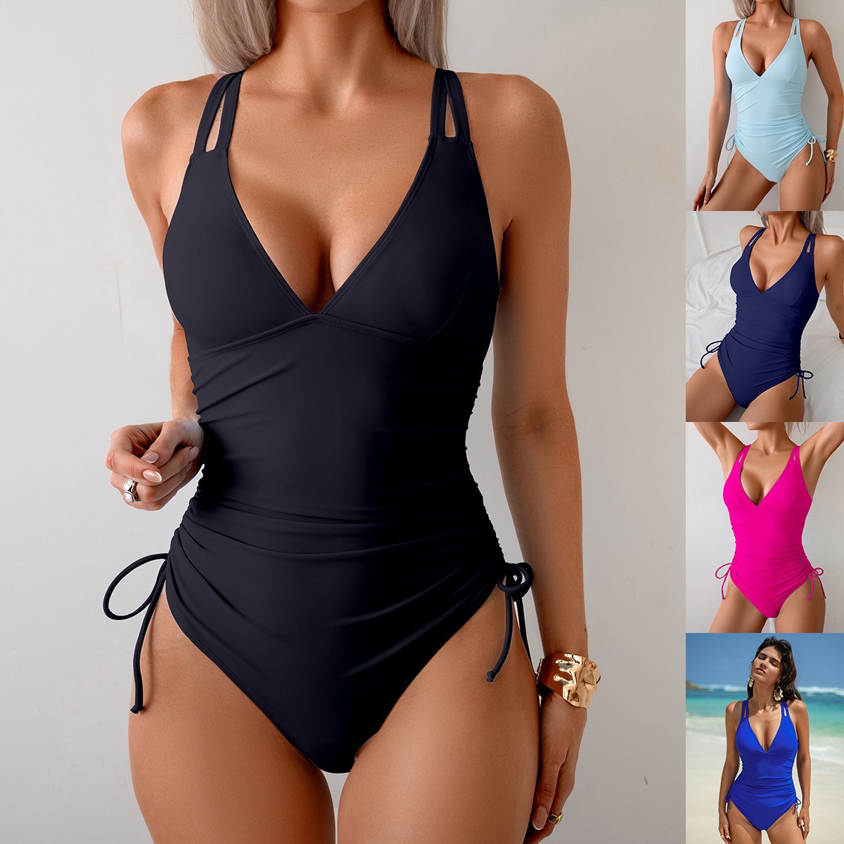 Swimsuit Bikini Ruched - Czarny strój kąpielowy jednoczęściowy z dekoltem