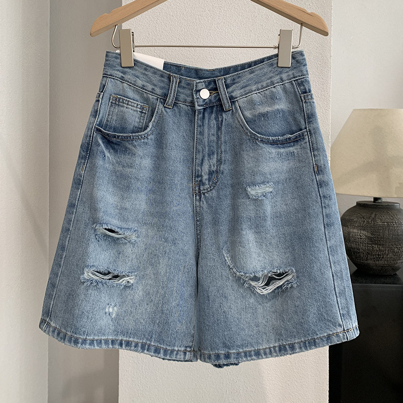 Shorts Denim Frayed - Dżinsowe szorty damskie, spodnie proste w