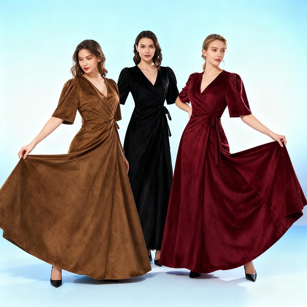Linen Dress Wrap - Damska długa sukienka z aksamitu w