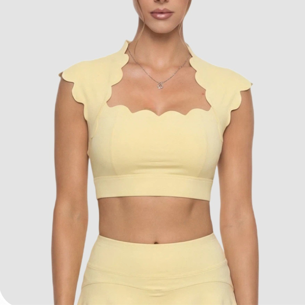 Crop Top Crochet - Damska sportowa kamizelka z falbankami, biustonosz