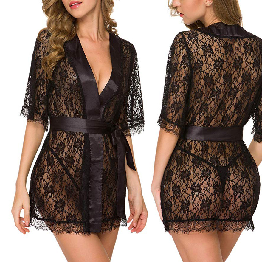Kimono Sheer Floral - Koronkowa koszula nocna z kwiatowym wzorem